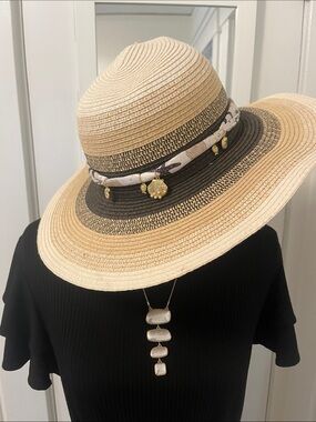 Island Beach Woven Paper Sunhat Multi Shades Cream Ivory Beige Black EUC 1 Size